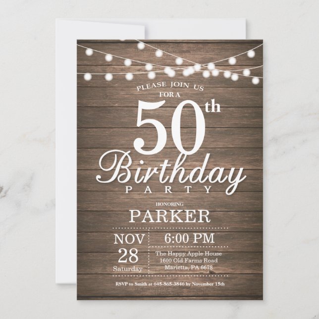 Convites Rustic 50th Birthday Invitation String Lights Wood (Frente)