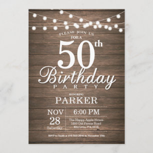 Convites Rustic 50th Birthday Invitation String Lights Wood