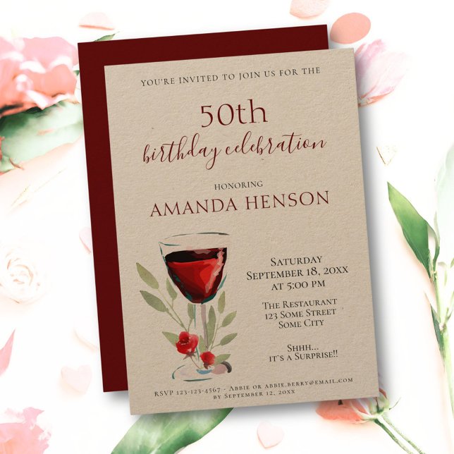 Convites Rustic 50th Birthday Red Wine Surprise Party Kraft (Criador carregado)