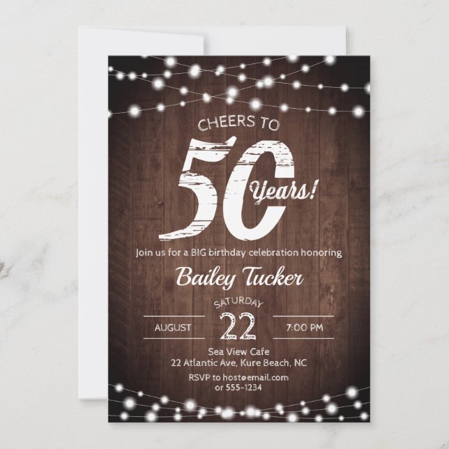 Convites Rustic 50th Birthday Wood & String Lights Aniversá (Frente)