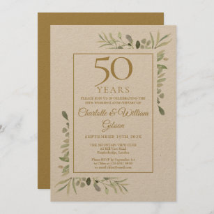 Convites Rustic 50th Ouro Wedding Anniversário Greenery