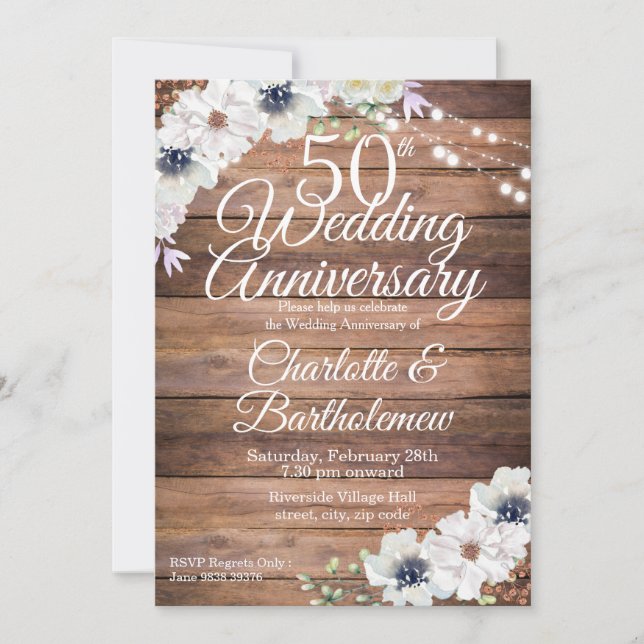 Convites Rustic 50th Wedding Anniversário Floral (Frente)
