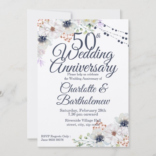 Convites Rustic 50th Wedding Anniversário Floral Kraft (Frente)