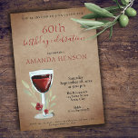 Convites Rustic 60th Birthday Red Wine Surprise Party<br><div class="desc">Rustic 60th Birthday Red Wine Surprise Convite de aniversário. 60º convite de aniversário para ela ou para ele. Convite com um copo de vinho tinto, rosas e galhos num fundo de papel velho e rústico. O texto é totalmente personalizável - personalize-o com o seu nome, qualquer idade - 90 40º...</div>