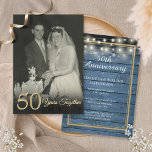 Convites Rustic A Any Year Junted Wedding Anniversário Phot<br><div class="desc">Um convite de aniversário de fotos de casamento que é perfeito para qualquer aniversário. Você pode personalizar a cor para corresponder à sua comemoração de aniversário. O reverso apresenta as luzes de cordas e um fundo azul-rústico de painéis de madeira. Projetado por Thisnotme©</div>