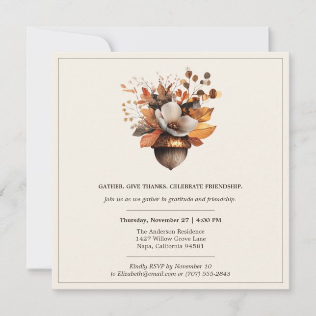 Convites Rustic Acorn Floral | Ivory Thanksgiving Dinner (Frente)
