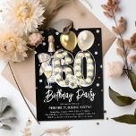 Convites Rustic Adult 60th Festa de aniversário<br><div class="desc">Celebre em estilo com este convite de aniversário russo do 60º adulto. Design apresenta um chalkboard blackground,  lâmpada número 60,  balões de ouro,  champanhe,  florais e confete. O modelo editável é fácil de personalizar usando o modelo fornecido.</div>