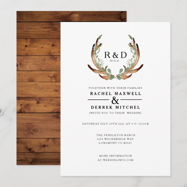 Convites Rustic Antler Watercolor | Casamento simples (Frente/Verso)