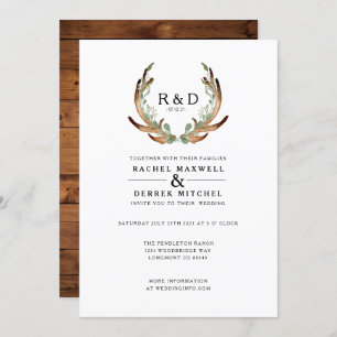 Convites Rustic Antler Watercolor   Casamento simples