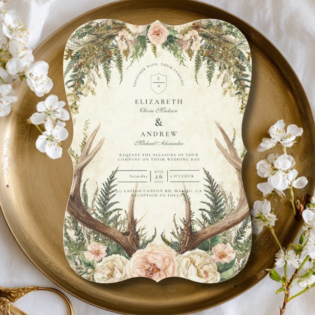 Convites Rustic Antler Woodland Floral Wedding (Criador carregado)