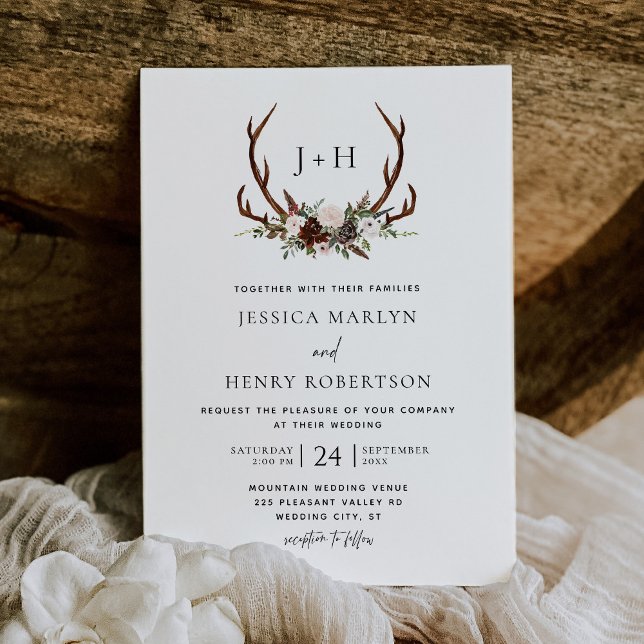 Convites Rustic Antlers Floral Boho Wedding (Criador carregado)