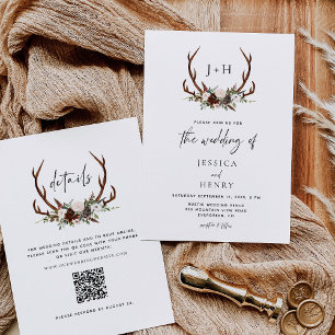 Convites Rustic Antlers Floral Boho Wedding Código QR
