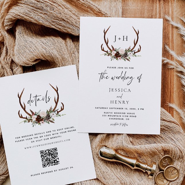 Convites Rustic Antlers Floral Boho Wedding Código QR (Criador carregado)