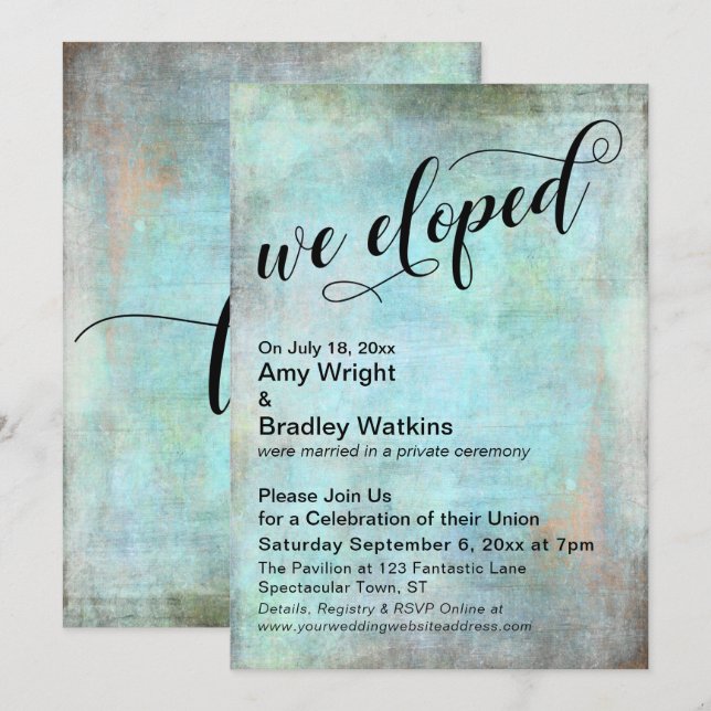 Convites Rustic Aqua Nós Fugimos Celebração Pós Casamento (Frente/Verso)
