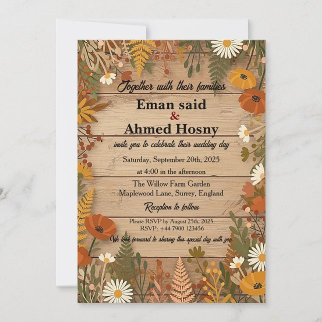 Convites Rustic Autumn Floral Wood Wedding Invitation | Fal (Frente)