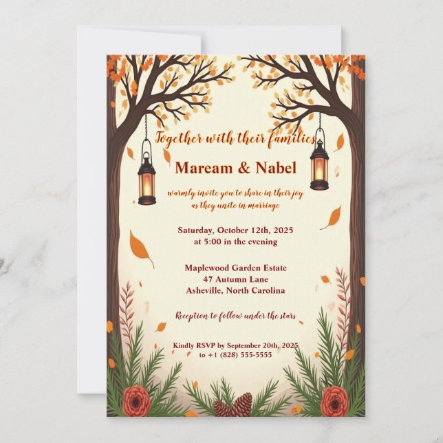 Convites Rustic Autumn Forest Lanterns Wedding Invitation | (Frente)
