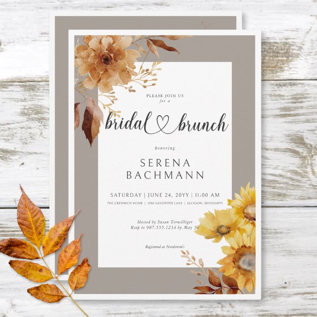 Convites Rustic Autumn Sunflower Taupe White Bridal Brunch (Rustic Autumn Sunflower Taupe White Bridal Brunch Invitation)