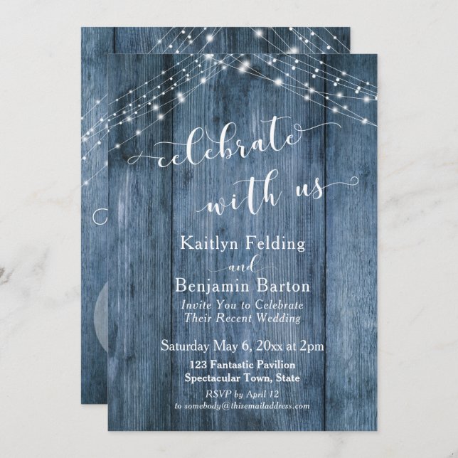 Convites Rustic Azul Madeira & Luzes Celebre Conosco (Frente/Verso)