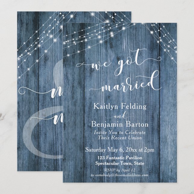 Convites Rustic Azul Madeira & Luzes Nos Casamos Evento (Frente/Verso)