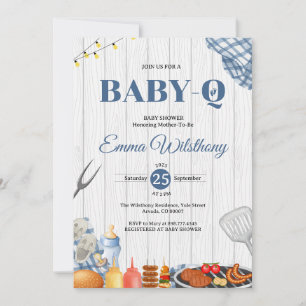 Convites Rustic Azul Xadrez Gingham babyq Chá de Bebê BBQ