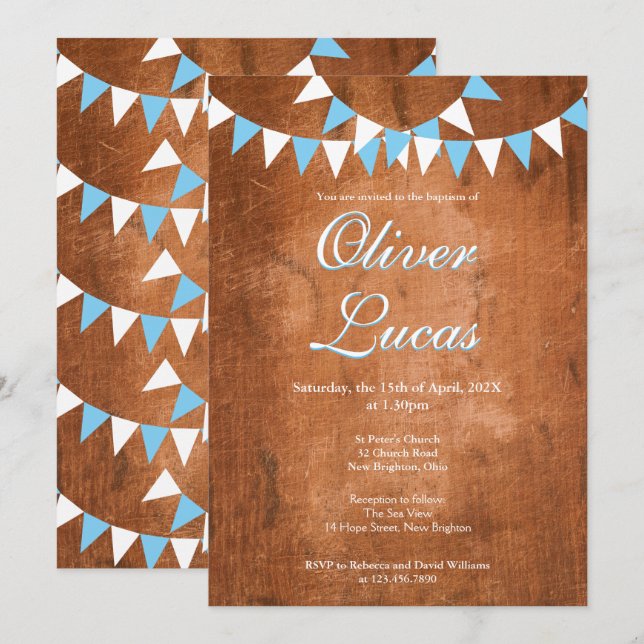 Convites Rustic Baby Boy Blue Bunting Christening (Frente/Verso)
