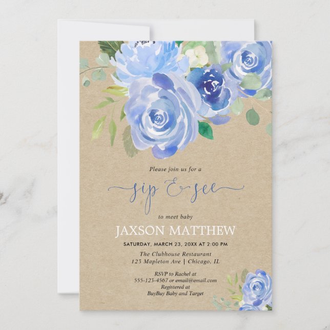Convites Rustic Baby boy Sip ver aquarelas florais azuis (Frente)