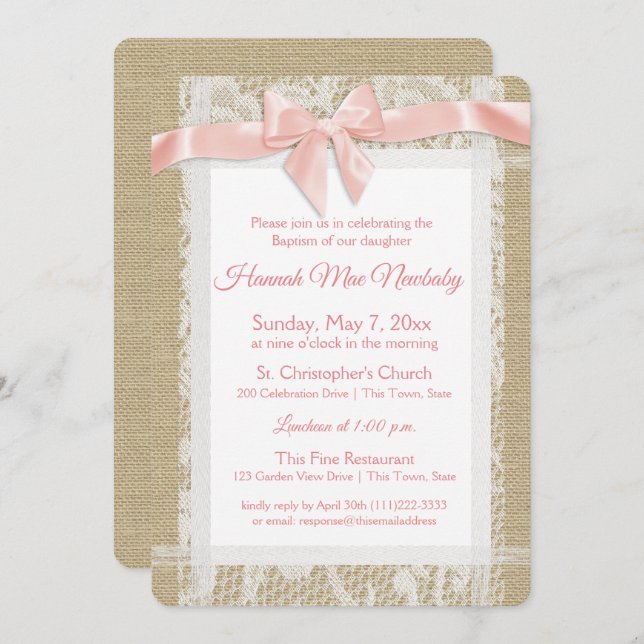 Convites Rustic Baptism Invitation Burlap and Lace (Frente/Verso)