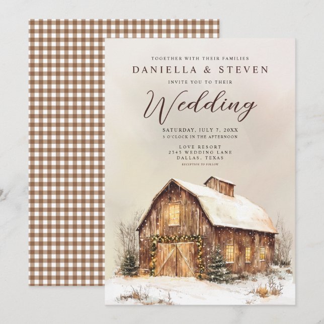 Convites Rustic Barn com Casamento de Neve de inverno (Frente/Verso)