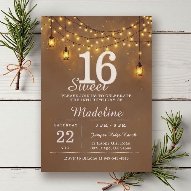 Convites Rustic Barn String Lights Glow Lanterns Sweet 16 (rustic sweet 16 birthday party invitation string lights barn lanterns brown gold outdoors backyard)