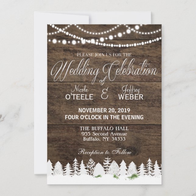 Convites Rustic Barn Wedding Wood Winter Christmas (Frente)