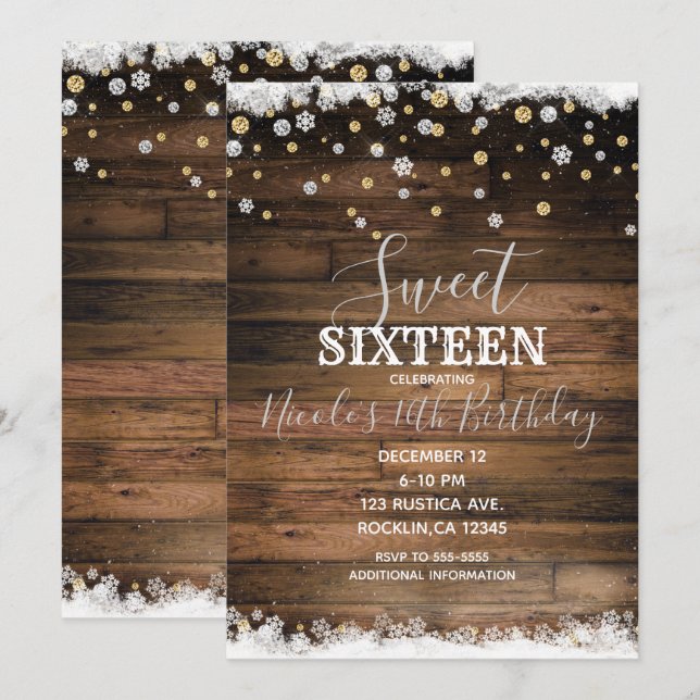 Convites Rustic Barn Wood Dourado Silver Winter Sweet 16 Pa (Frente/Verso)