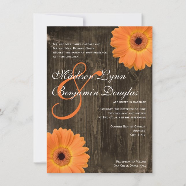 Convites Rustic Barn Wood Orange Daisy Casamentos (Frente)