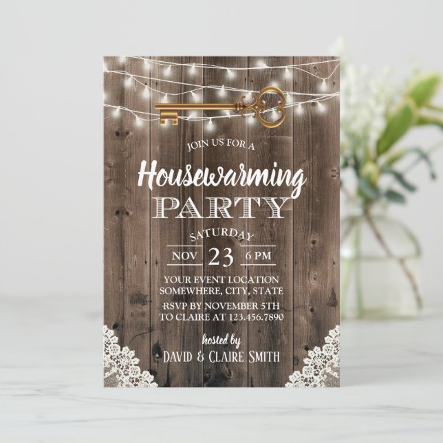 Convites Rustic Barn Wood Skeleton Key Housearming Party (Em pé/Frente)