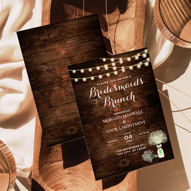 Convites Rustic Barn Wood String Lights Bridesmaids Brunch (Criador carregado)
