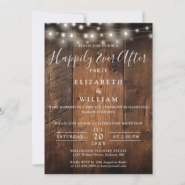 Convites Rustic Barn Wood String Lights Wedding Reception (Frente)