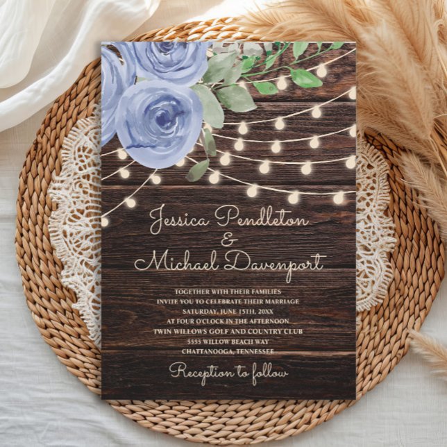 Convites Rustic Barn Wood String Luz Azul Casamento Floral (Criador carregado)