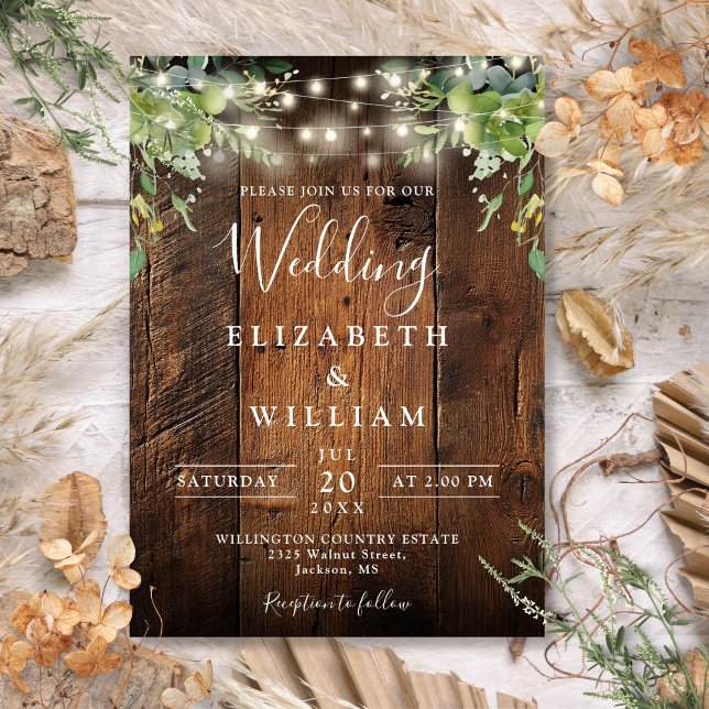 Convites Rustic Barn Wood String Luz verde Casamento (Rustic Barn Wood String Lights Greenery Wedding Invitation)