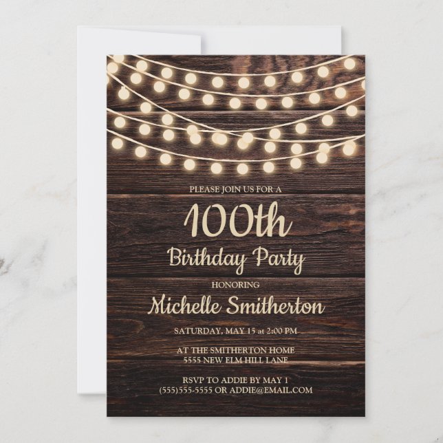 Convites Rustic Barn Wood String Luzes 100º Aniversário Inv (Frente)