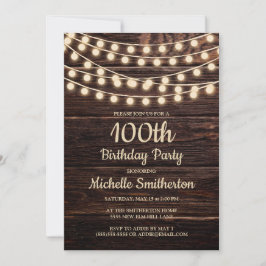 Convites Rustic Barn Wood String Luzes 100º Aniversário Inv
