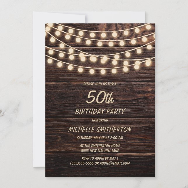 Convites Rustic Barn Wood String Luzes 50º Aniversário (Frente)