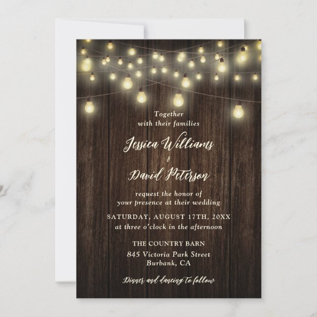 Convites Rustic Barn Wood String Luzes Campo Casamento (Frente)