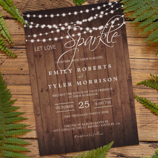 Convites Rustic Barn Wood String Luzes Noturnas Casamento (Criador carregado)