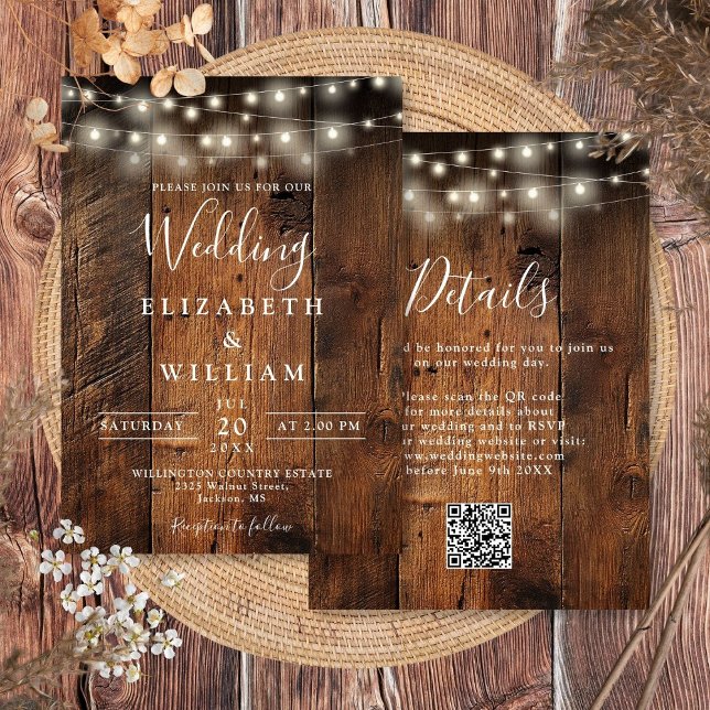 Convites Rustic Barn Wood String Luzes QR Code (Rustic Barn Wood Wedding String Lights QR Code Invitation)