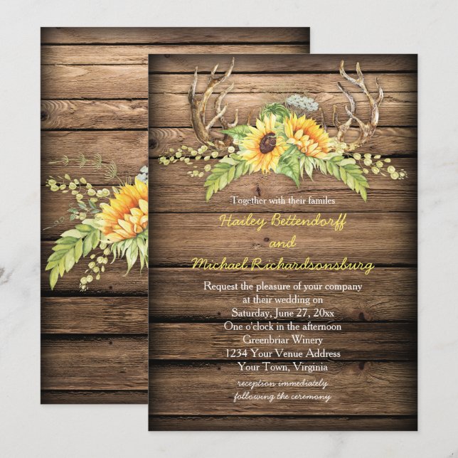 Convites Rustic Barn Wood Sunflower Casamento (Frente/Verso)