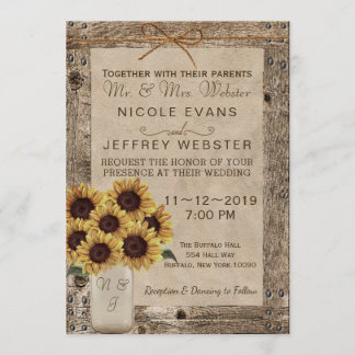 Convites Rustic Barn Wood Wedflower Sunflower Jar