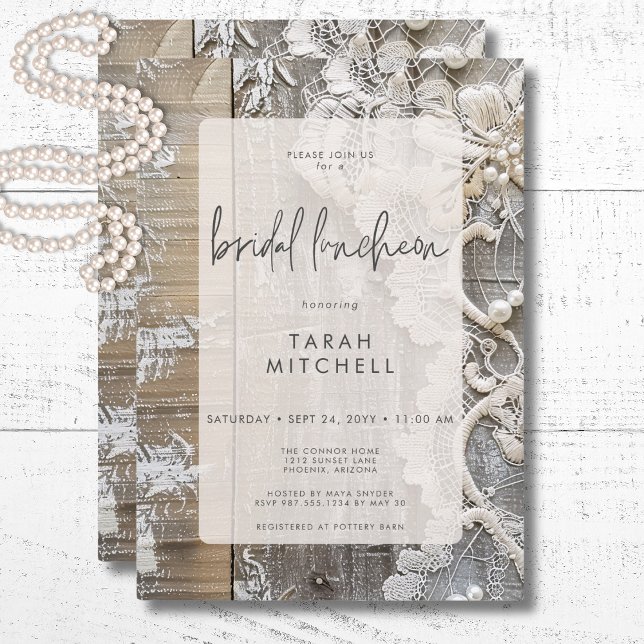 Convites Rustic Barnwood & Bridal Lace Bridal Lunchee (Rustic Barnwood & Bridal Lace Bridal Luncheon Invitation)