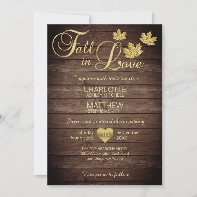 Convites Rustic Barnwood Country Cai Dourada NO Casamento A (Frente)