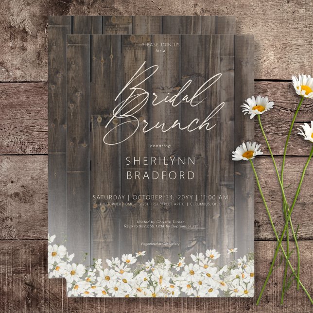 Convites Rustic Barnwood & Daisies Bridal Brunch (Rustic Barnwood & Daisies Bridal Brunch Invitation)