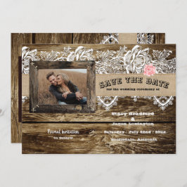 Convites Rustic Barnwood & Lace Salvar Data