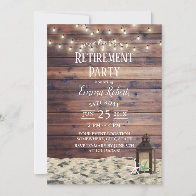Convites Rustic Beach Lanterna e Starfish Retirement Party (Frente)